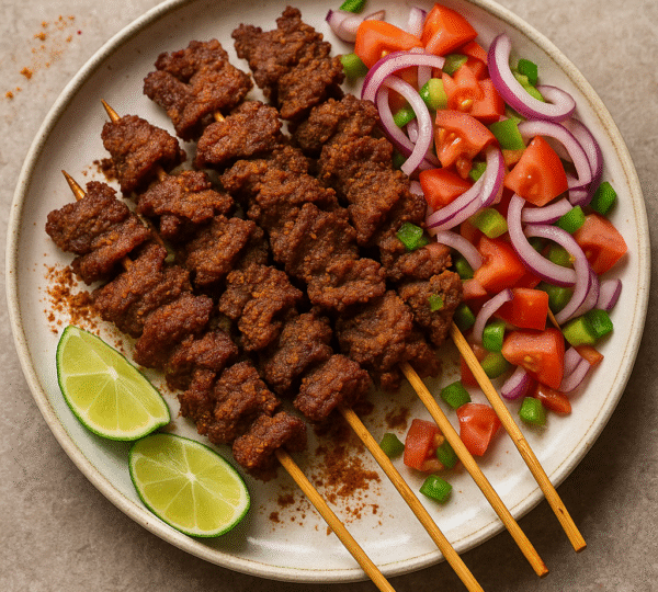 Close-up of spicy Nigerian suya served with fresh onions, tomatoes, and peppers on a plate.