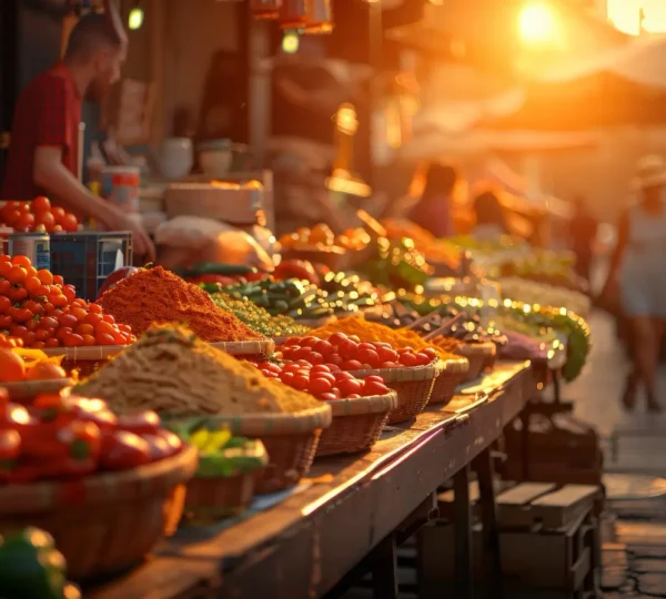 Fresh tomatoes and vegetables displayed under the evening sun at Oyingbo Market, one of the most vibrant local markets in Lagos.