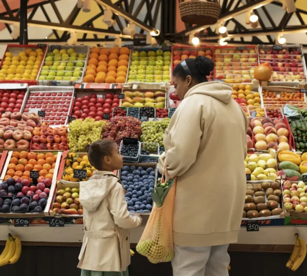 A mother and child shopping for fresh fruits and vegetables at the Farmers’ Market in Freedom Park, one of the modern local markets in Lagos.