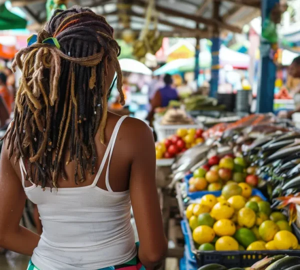A woman shopping for fruits and vegetables at Ketu Market, one of the bustling local markets in Lagos known for its street food and fresh produce.