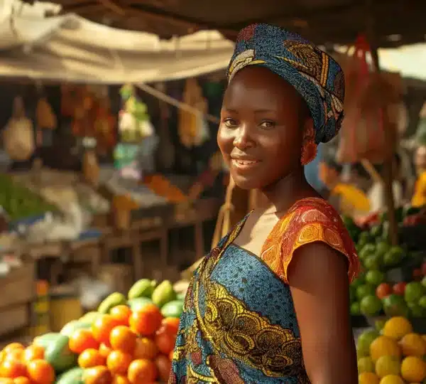 A smiling woman at Lekki Market surrounded by fruits and crafts, showcasing the vibrant culture of local markets in Lagos.