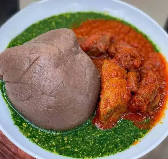 A bowl of amala with ewedu and stew showcasing Nigeria’s traditional cuisine and opportunities in Nigerian food industry jobs.