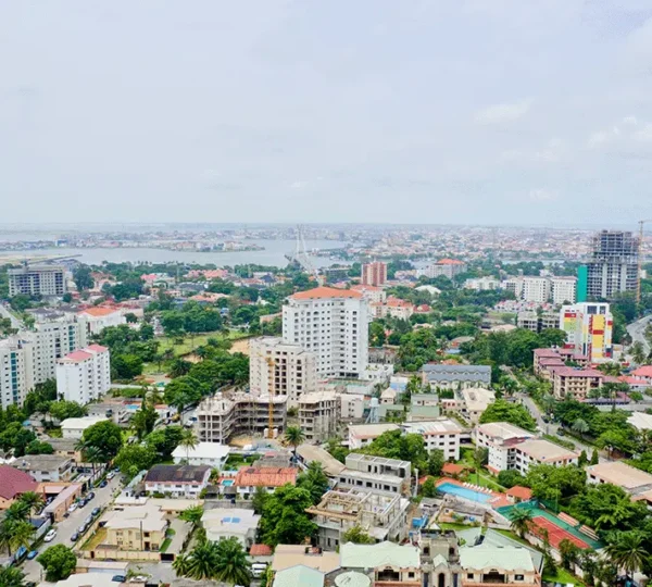 Aerial photo of Victoria Island Lagos showing modern restaurants and coastline on a food tour in Lagos Nigeria.
