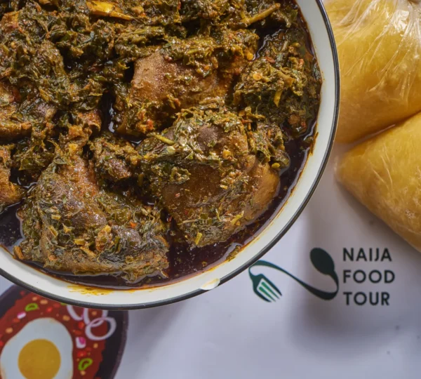 Afang soup with Garri, highlighting Nigeria’s regional flavors during the Naija Food Tour.
