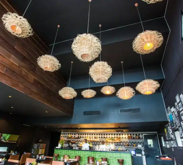 Elegant interior of Nok by Alara restaurant in Lagos Nigeria with African-inspired lighting and décor.