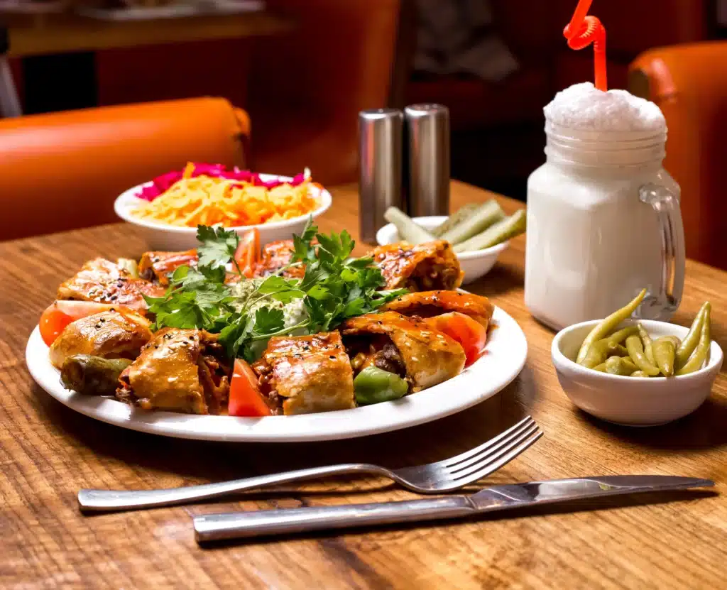 Delicious Nigerian meal served at one of the top restaurants in Lagos Nigeria with salad and milkshake.